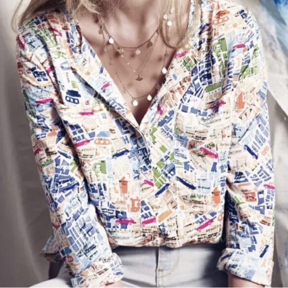 MAEVE Anthropologie Cartography Map Print Blouse Size 2